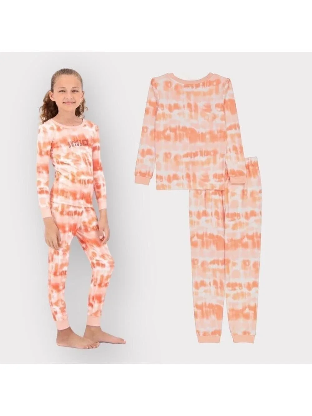 Lucky Brand NEW Long Sleeve Pajama Set Girls sz 8 NWT Coral Orange White Tie-Dye